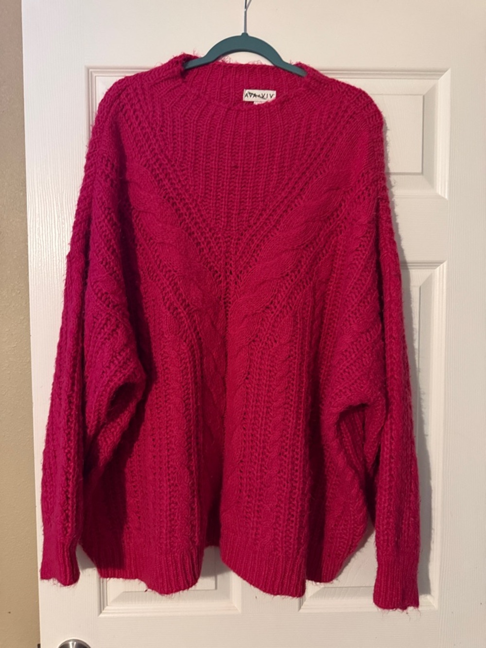 Ava & Viv Vibrant Fuchsia Cable Knit Crewneck Sweater
